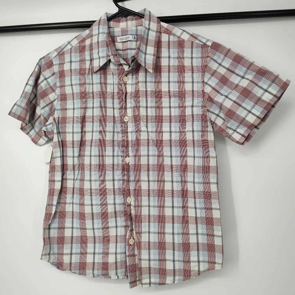 Old Navy Kids Red and White Plaid Short Sleeve Button Up Shirt Size Medium